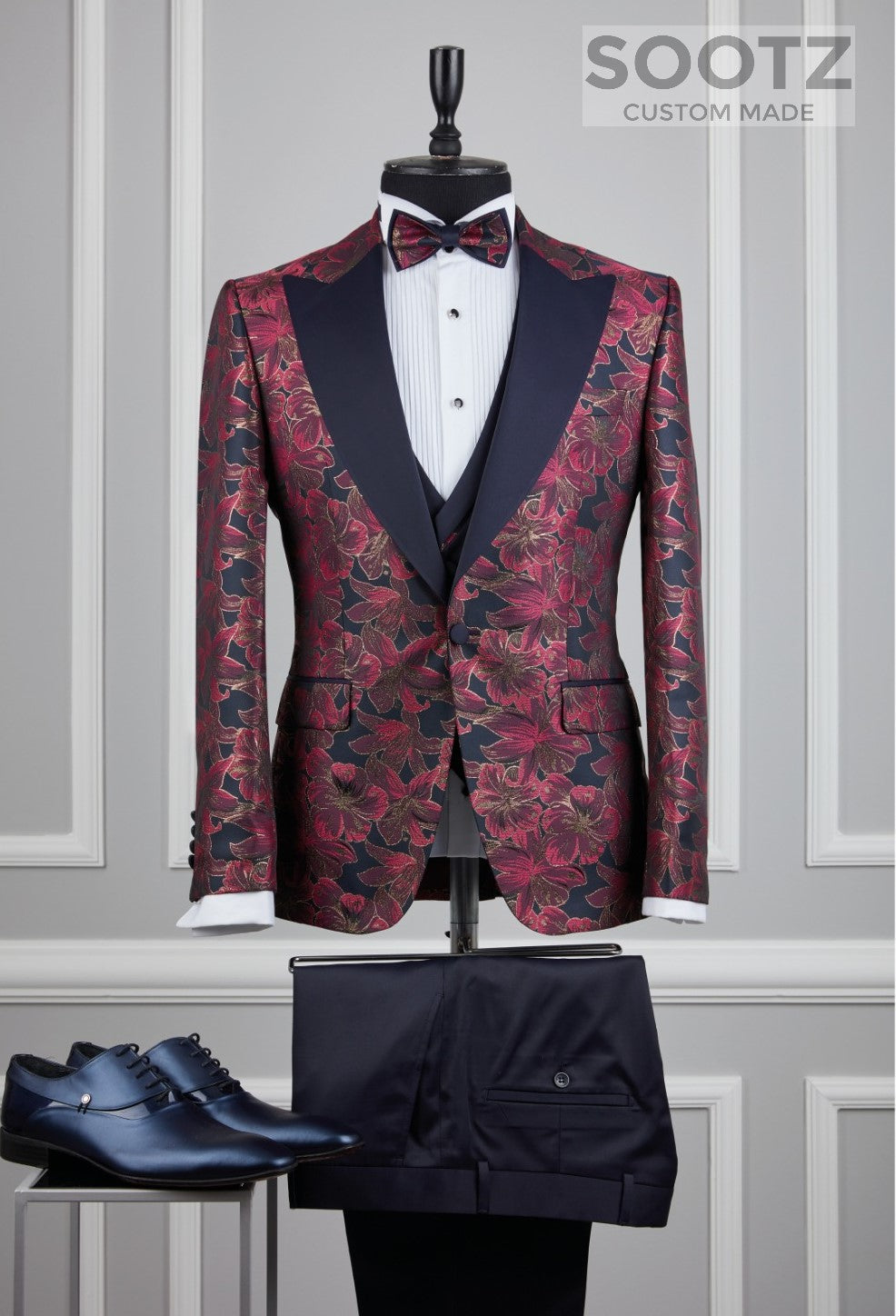 Magenta Navy Floral Tuxedo Set - Peak Lapel