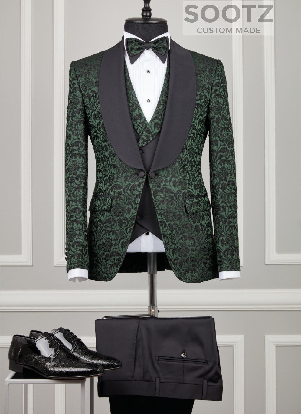 Hunter Green Floral Tuxedo Set - Shawl Lapel