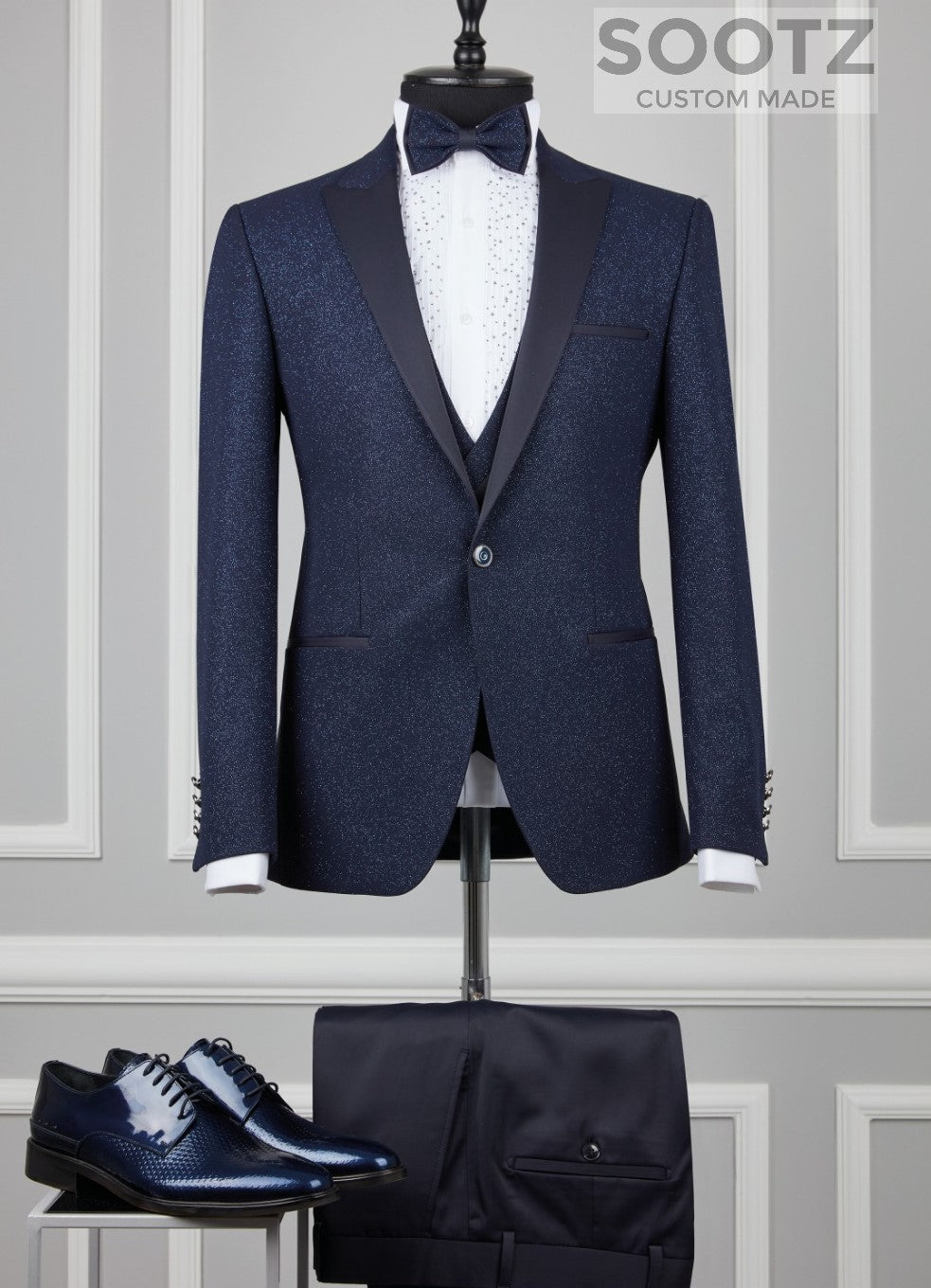 Navy Textured Shine Tuxedo Set - Peak Lapel