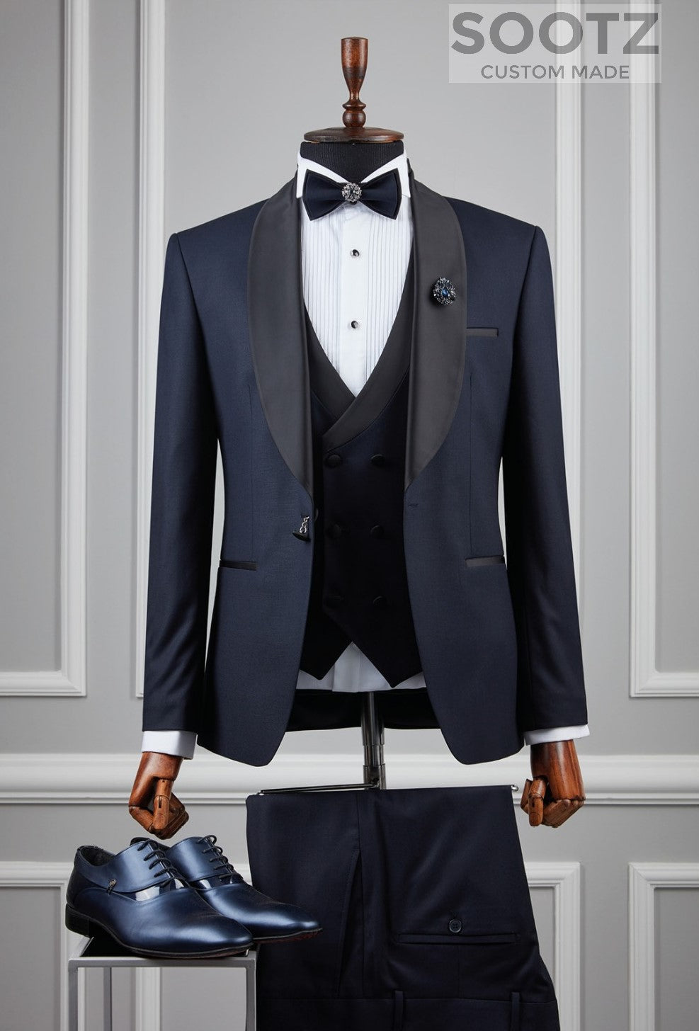 Navy 3 Piece Tuxedo Set - Shawl Lapel Wide