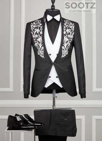 Black Mandarin Collar Suit Set - White Embroidery