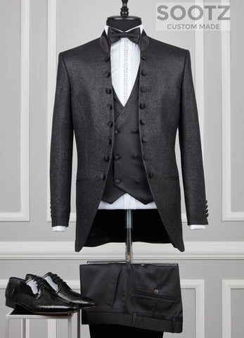 Black Mandarin Collar Suit Set - Open Button