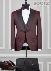 Wine 3 Piece Tuxedo Set - Peak Lapel