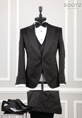 Black Floral Pattern 3 Piece Tuxedo Set - Peak Lapel