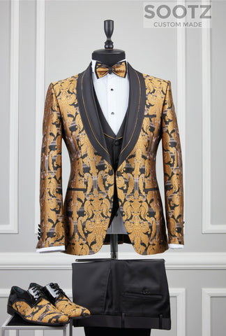 Gold Pattern Tuxedo Set - Black Shawl Lapel