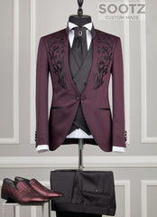 Plum Mandarin Collar Tuxedo Set