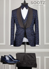 Navy Pattern Tuxedo Set - Shawl Lapel