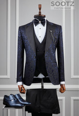 Navy Floral Pattern Tuxedo Set - Peak Lapel