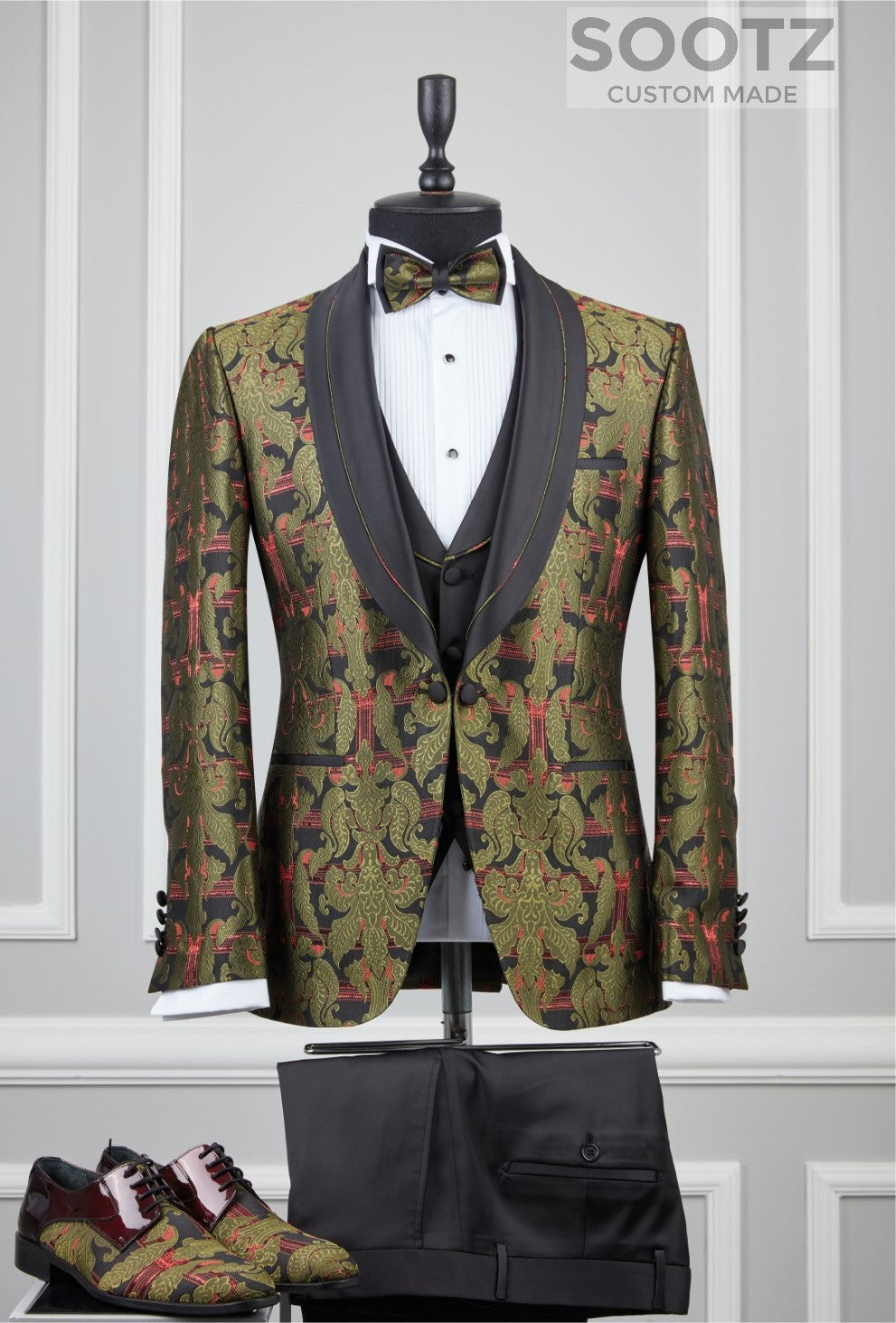 Olive Patterned Tuxedo Set - Shawl Lapel