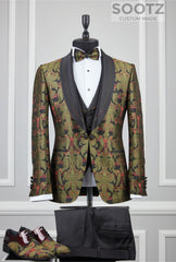 Olive Patterned Tuxedo Set - Shawl Lapel
