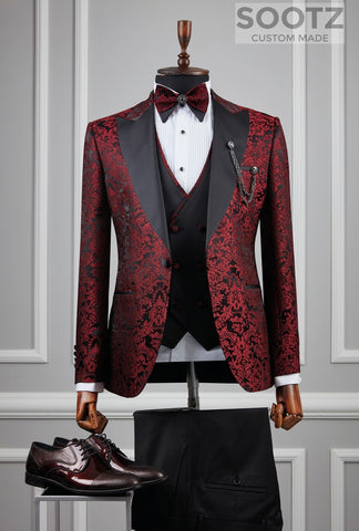 Red Floral Pattern Tuxedo Set - Peak Lapel