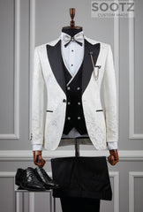 White Floral Tuxedo Set - Peak Lapel